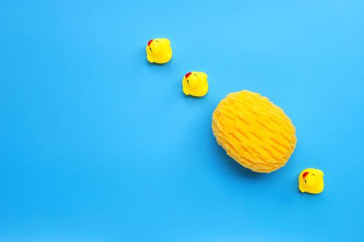  Yellow duck toys with yellow sponge on blue background. Kids bath concept. Copy space