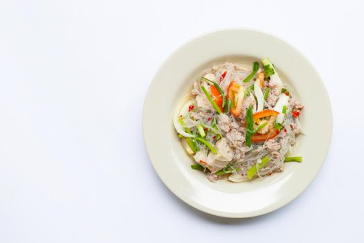 Spicy glass noodle salad with pork . Top view