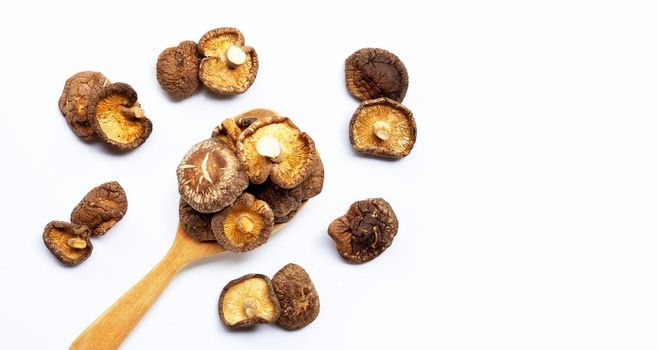 Dried shiitake mushrooms on white background.