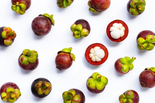 Mangosteen on white background. Top view