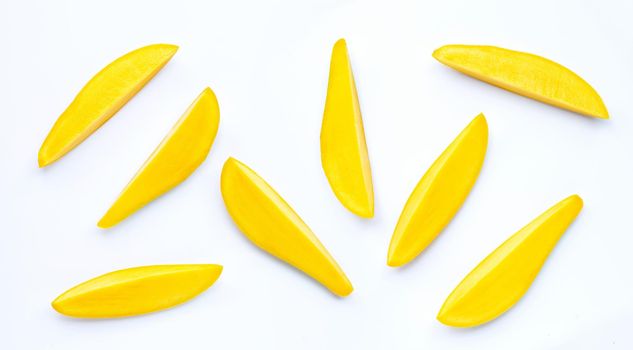 Tropical fruit, Mango slices on white background. Top view