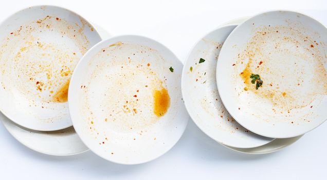 Dirty dishes on white background. Top view