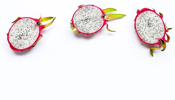 Ripe dragonfruit or pitahaya on wihte background. Top view
