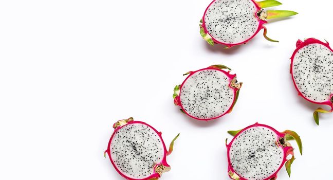 Ripe dragonfruit or pitahaya on wihte background. Top view