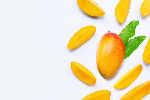 Tropical fruit, Mango  with leaves on white background. Copy space