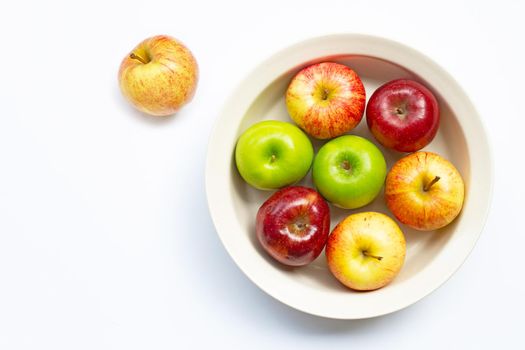 Fresh juicy apples on white background. Copy space