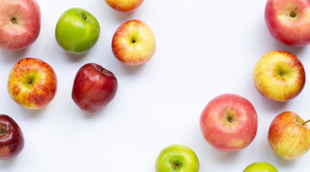 Frame made of fresh juicy apples on white background. Copy space