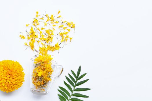 A glass cup with marigold flower petals on white background. Flower herbal tea concept.