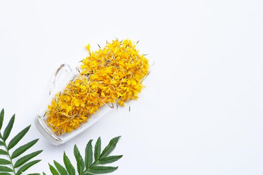 A glass cup with marigold flower petals on white background. Flower herbal tea concept.