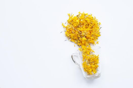 A glass cup with marigold flower petals on white background. Flower herbal tea concept.