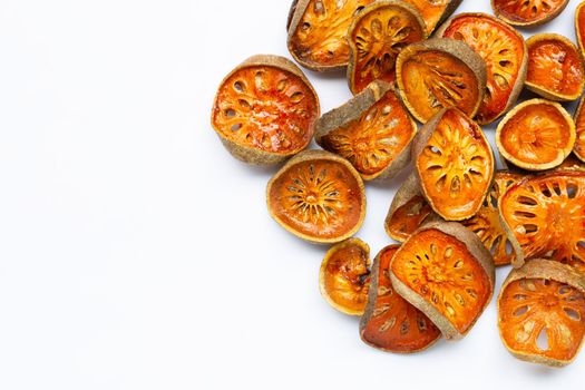 Dried bael fruit on white background. Top view
