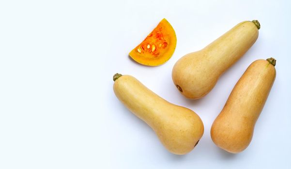 Butternut squash on white background. Copy space