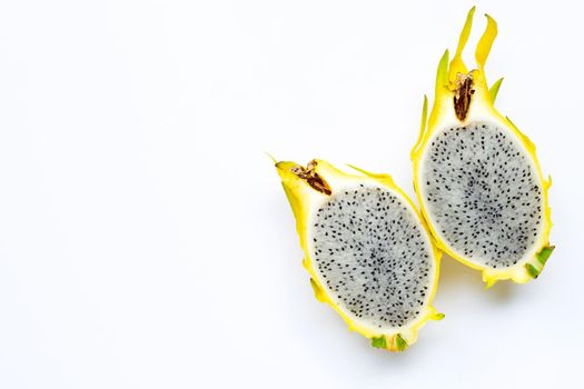 Yellow pitahaya or dragon fruit on white background. Copy space