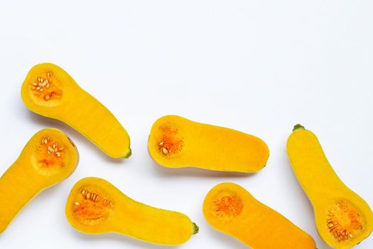 Butternut squash on blue background. Copy space