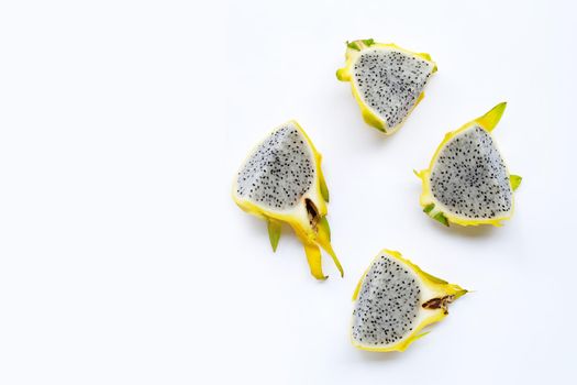 Yellow pitahaya or dragon fruit on white background. Copy space