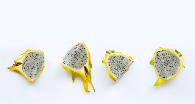 Yellow pitahaya or dragon fruit on white background. Copy space