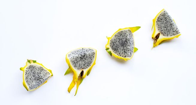 Yellow pitahaya or dragon fruit on white background. Copy space