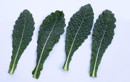 Fresh organic green kale leaves on white background.