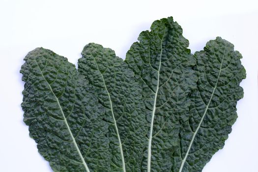 Fresh organic green kale leaves on white background.