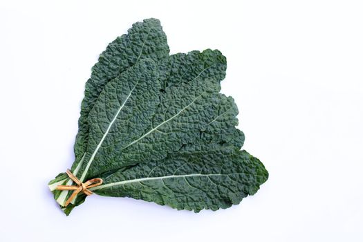 Fresh organic green kale leaves on white background.