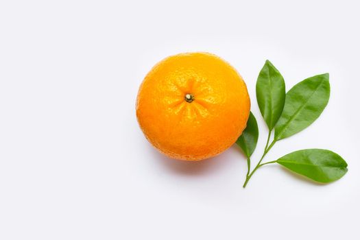 High vitamin C, Juicy and sweet. Fresh orange fruit with green leaves  on white background