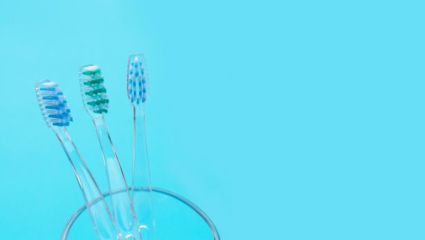 Toothbrushes on blue background. Dental care concept