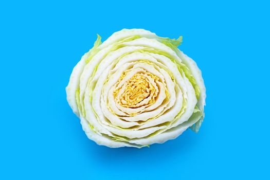 Chinese cabbage cut on blue background. Top view