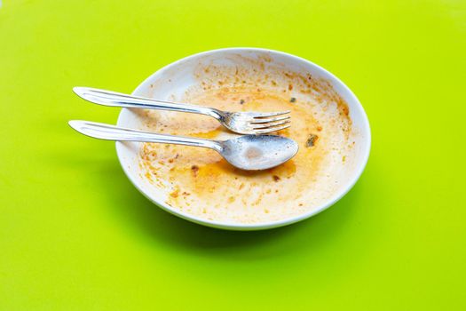 Dirty dishes on green background. Top view