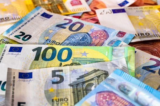 Close up of money euro banknotes, background of money euro isolated.