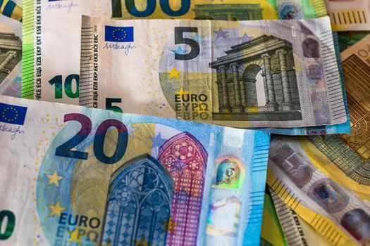 Close up of money euro banknotes, background of money euro isolated.