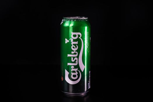 Carlsperg beer can isolated on black background. Bucharest, Romania, 2021