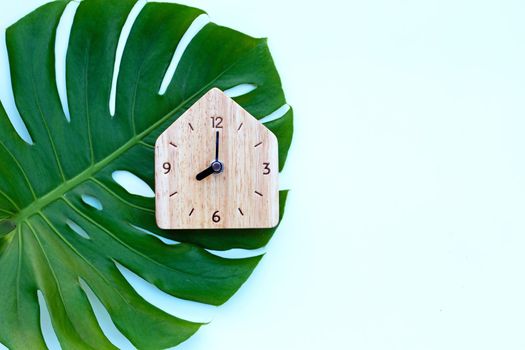 Wooden clock on green leaves on white background. Copy space