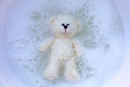 Soak toy bears in laundry detergent water dissolution before washing.  Laundry concept, Top view