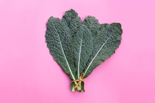 Fresh organic green kale leaves on pink background.