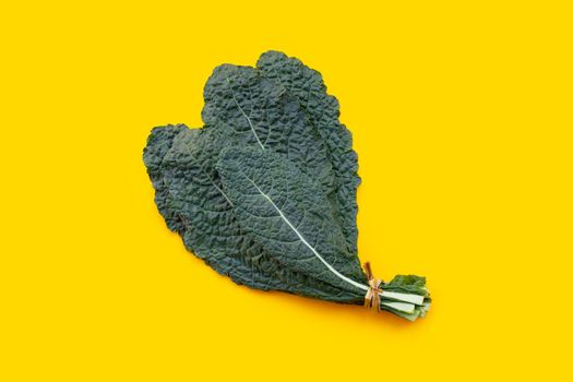 Fresh organic green kale leaves on yellow background.