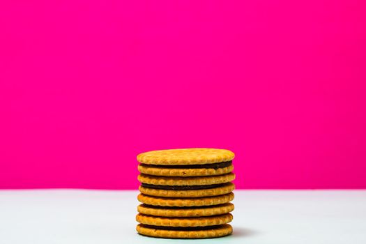 Round biscuits with chocolate cream, sandwich biscuits with chocolate filling isolated.