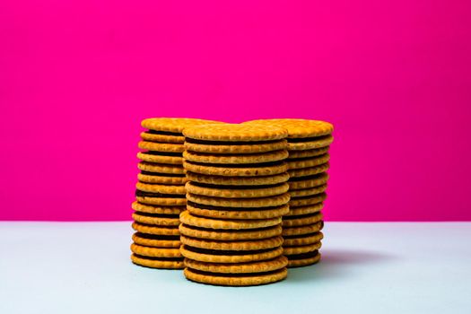 Round biscuits with chocolate cream, sandwich biscuits with chocolate filling isolated.