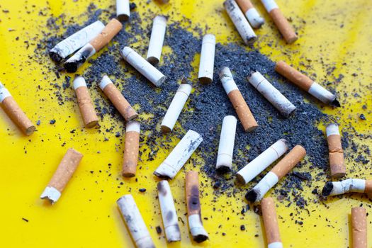 Cigarette butts on yellow background. 