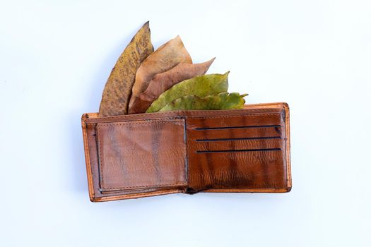 Wallet with dry leaves on white background. Poor or no money concept.