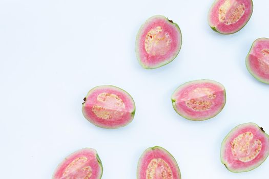 Pink guava on white background.