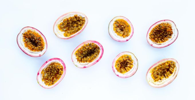 Passion fruit on white background. Top view