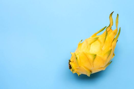 Yellow pitahaya or dragon fruit on blue background. Copy space