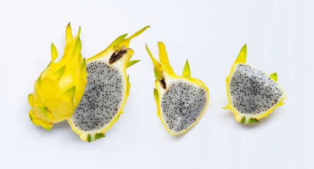 Yellow pitahaya or dragon fruit on white background.