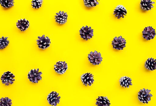 Pine cones isolated on yellow background.