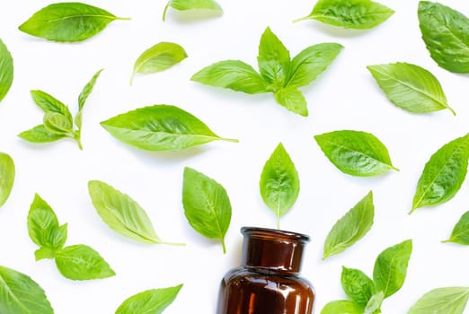 A bottle of essential oil with fresh basil leaves on white
