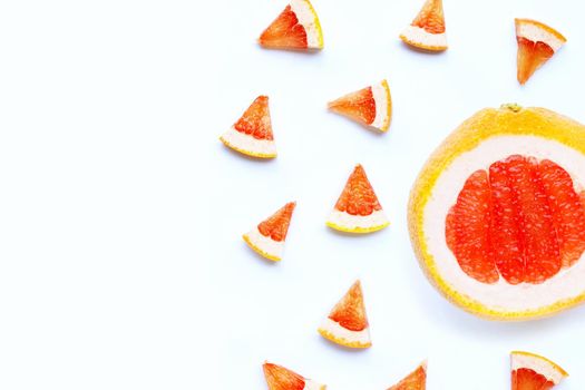 High vitamin C. Juicy grapefruit slices on white background.