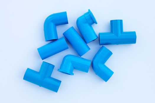 Blue pvc pipe connection isolated on white background.