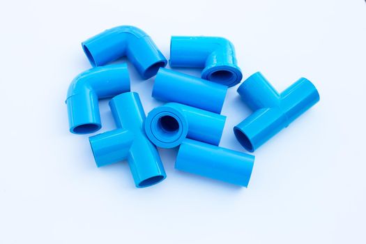 Blue pvc pipe connection isolated on white background.