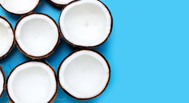 coconuts on blue background. Copy space