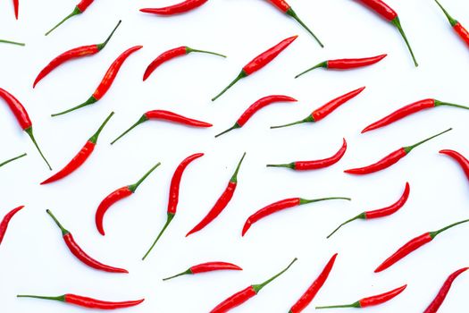 Hot chili peppers on white background. Top view